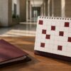 Calendario de escritorio y expediente legal sobre una mesa, junto a un pasillo de juzgados