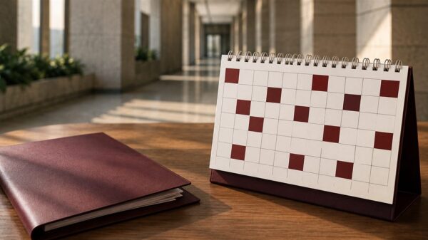 Calendario de escritorio y expediente legal sobre una mesa, junto a un pasillo de juzgados