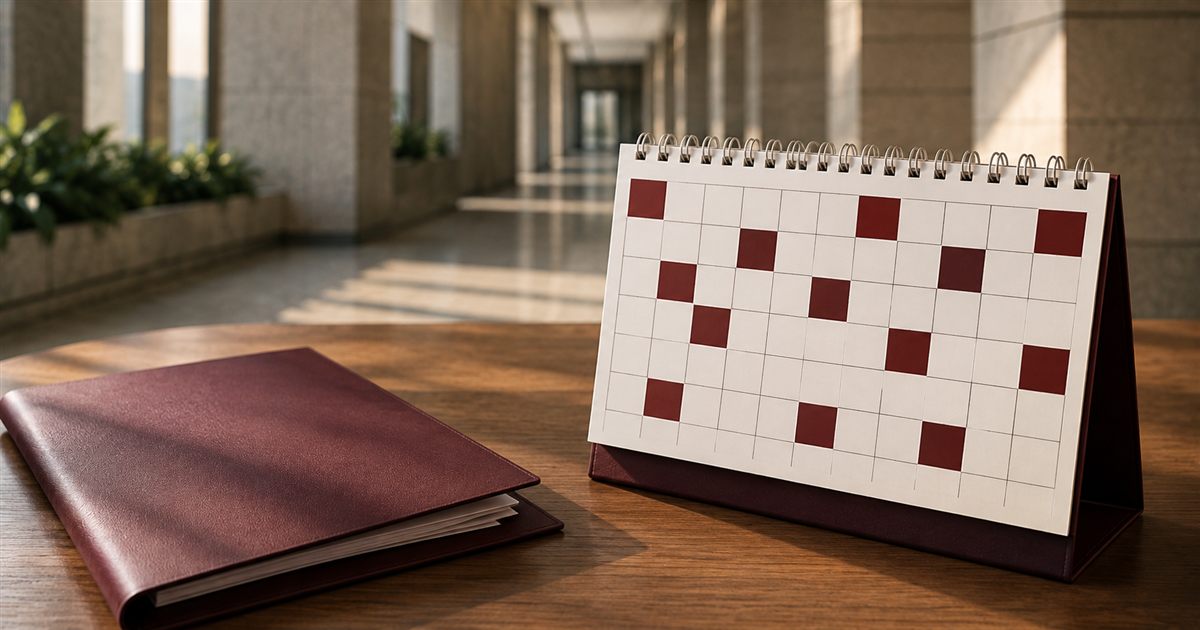 Calendario de escritorio y expediente legal sobre una mesa, junto a un pasillo de juzgados