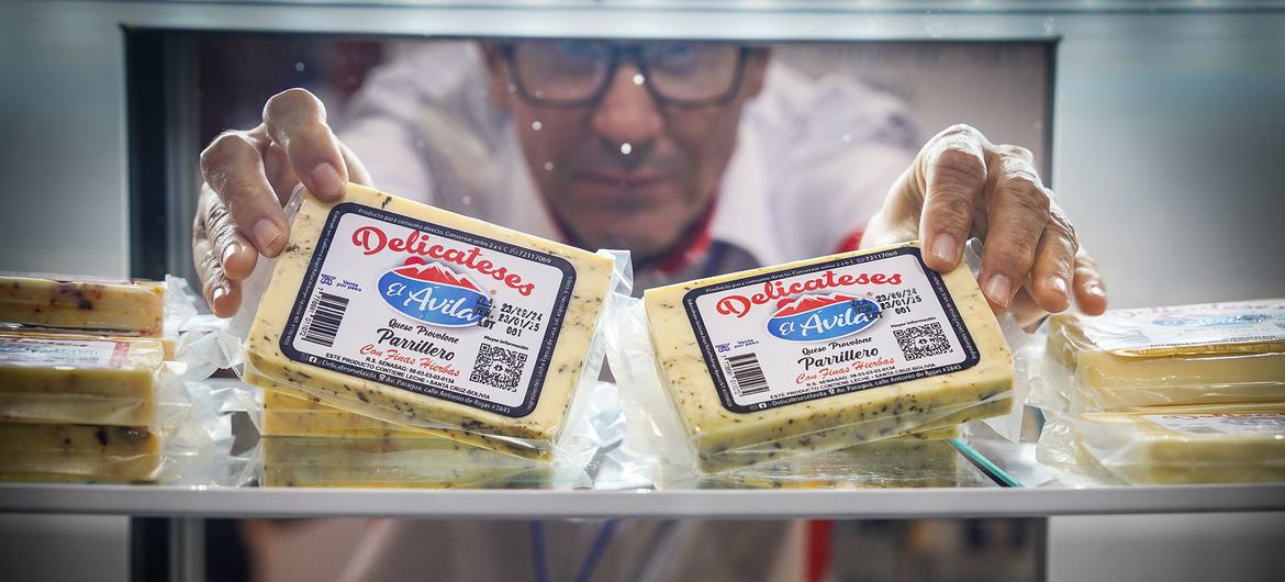 Los quesos parrilleros son exhibidos en un stand. 