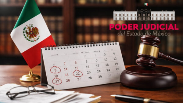 Días inhábiles del Poder Judicial del Estado de México en 2026 Durante estos días no corren términos procesales, salvo en materias donde existan guardias para asuntos urgentes. Enero • Jueves 1 de enero – Inicio del año Febrero • Lunes 2 de febrero – Conmemoración del 5 de febrero Marzo • Lunes 2 de marzo – Aniversario de la Fundación del Estado de México • Domingo 8 de marzo – Día Internacional de la Mujer • Lunes 16 de marzo – Conmemoración del 21 de marzo Semana Santa • Del domingo 29 de marzo al domingo 5 de abril – Suspensión de labores Mayo • Viernes 1 de mayo – Día del Trabajo • Martes 5 de mayo – Aniversario de la Batalla de Puebla • Viernes 15 de mayo – Día del Maestro Junio • Lunes 13 de junio – Día del Abogado Septiembre • Miércoles 16 de septiembre – Inicio de la Independencia de México Noviembre • Lunes 2 de noviembre – Día de Muertos • Lunes 16 de noviembre – Conmemoración del 20 de noviembre Diciembre • Sábado 12 de diciembre – Suspensión de labores • Viernes 25 de diciembre – Navidad Estos días fueron establecidos oficialmente en el acuerdo aprobado para el año 2026 Periodos vacacionales del Poder Judicial del Estado de México 2026 Además de los días inhábiles, existen dos periodos vacacionales ordinarios. Primer periodo vacacional (verano 2026) Del jueves 16 al viernes 31 de julio de 2026. Segundo periodo vacacional (invierno 2026) Del miércoles 16 de diciembre de 2026 al miércoles 6 de enero de 2027 Durante estos periodos se suspenden labores ordinarias, aunque en algunas materias se establecen guardias para atender asuntos urgentes.