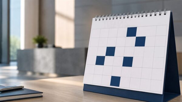 Calendario de pared con las fechas de dias inhabiles del Poder Judicial Federal marcadas en azul