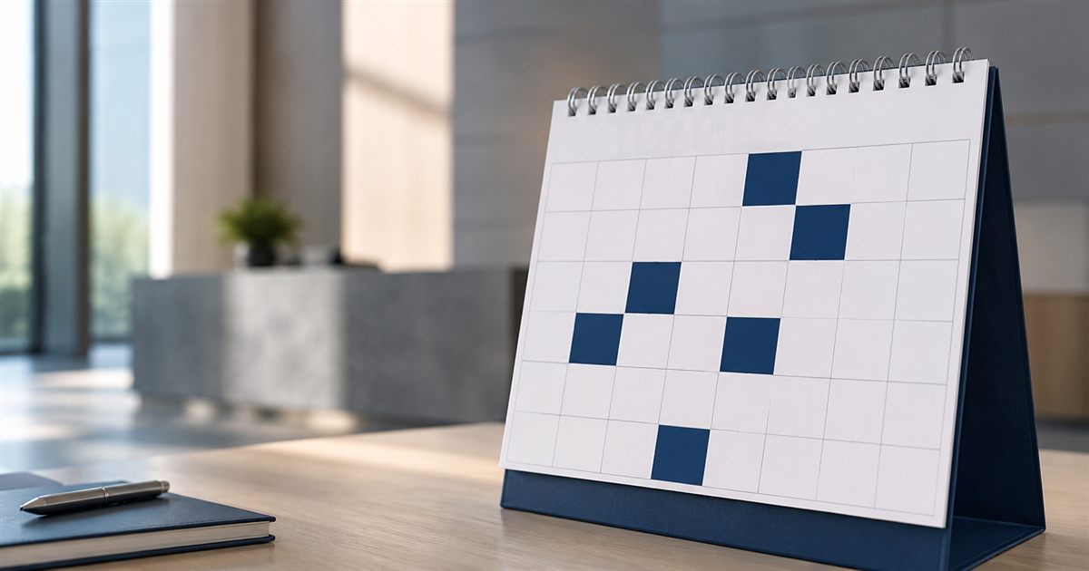 Calendario de pared con las fechas de dias inhabiles del Poder Judicial Federal marcadas en azul